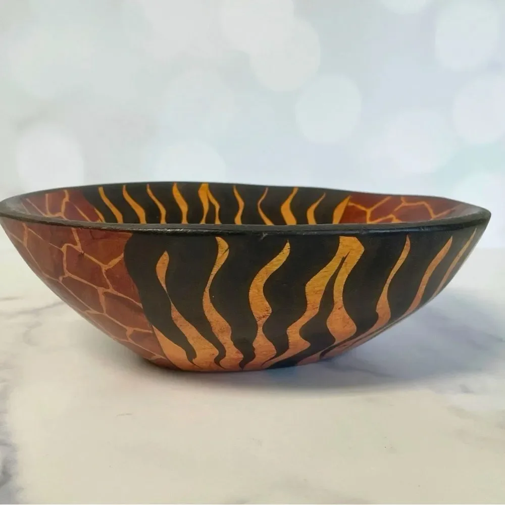 Hand Carved Wooden Bowl with Sunburst Design
